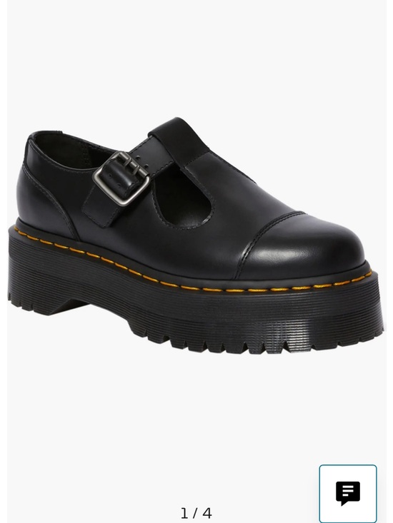 Dr. Martens Shoes - Dr. Martens Black Leather Platform Mary Janes with Yellow Stitching